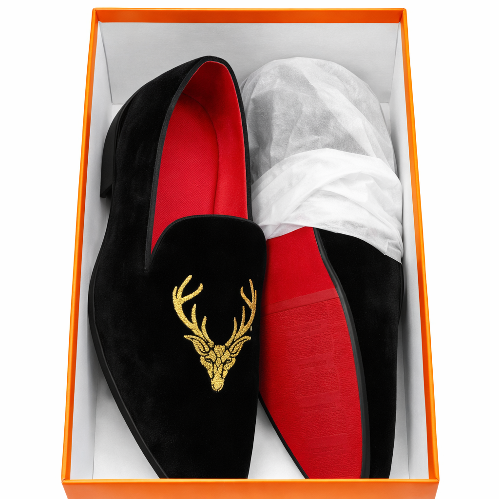 Embroidered Velvet Stag-Head Loafers