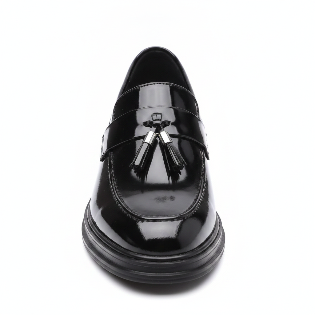 Men's Black Glossy Tassel Oxford Slip-On Loafers