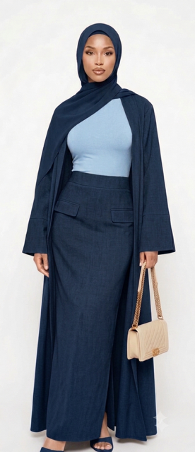 Hani Kimono & Long Skirt Set — Navy Blue