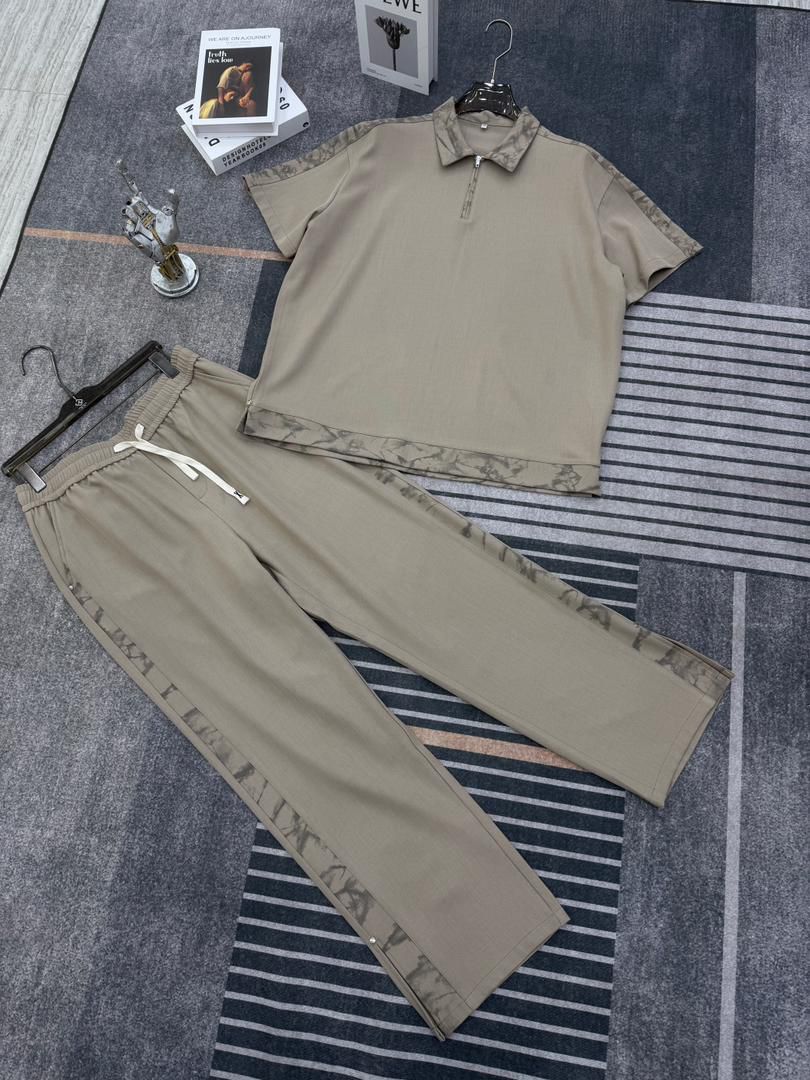 Taupe Zip Polo Set with Marbled Panels