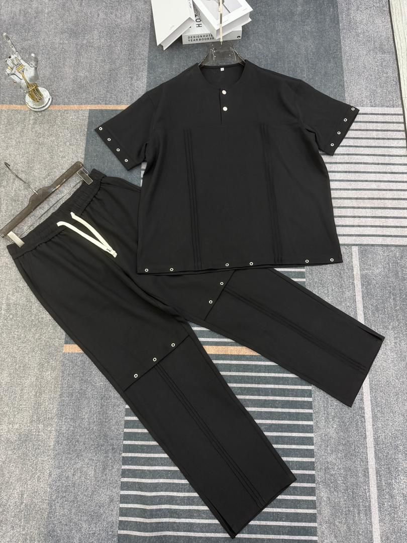 Black Buttoned Tee Set with Topstitching