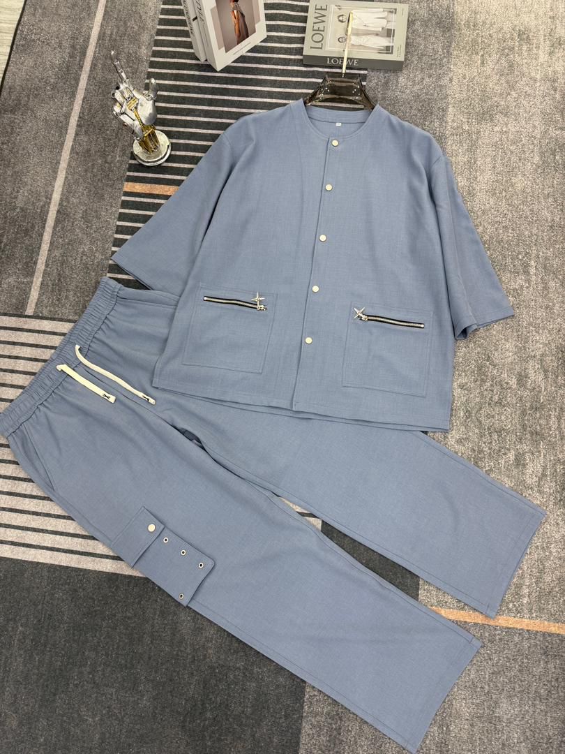 Sky Blue Buttoned Shirt Set with Zip Pockets