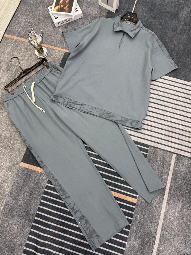 Grey Zip Polo Set with Marbled Panels