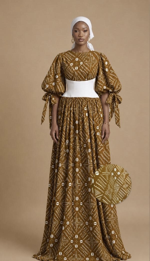 Hani Puffed Corset Dress — Mustard Bogolan