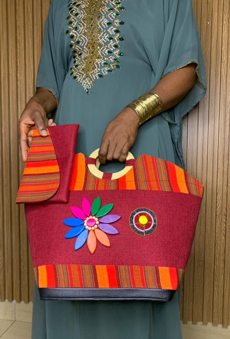 SAC+POCHETTE VIP — Bordeaux Kente Fleur