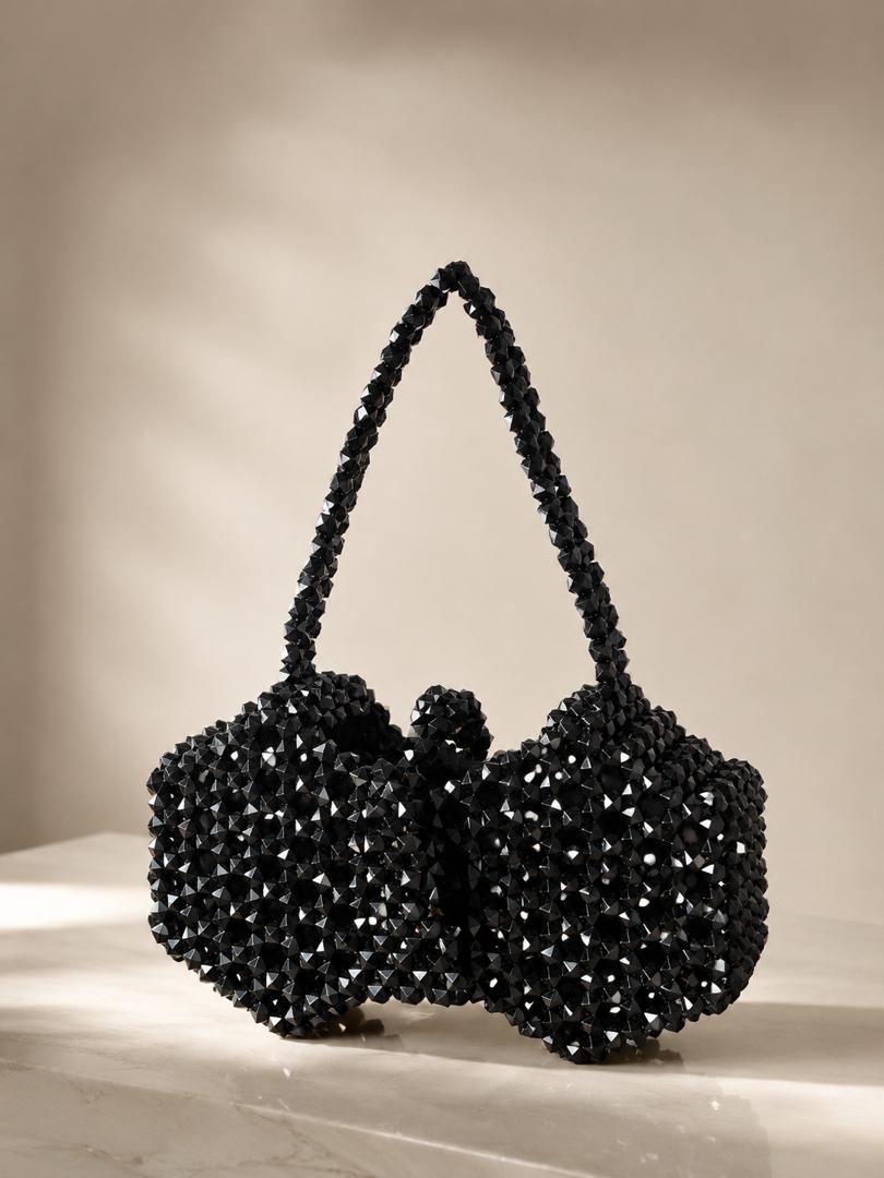 SALY Crystal Bead Bow Bag — Black
